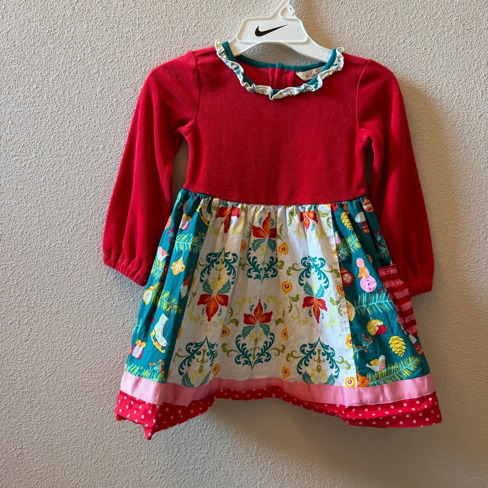 Matilda Jane Girls Christmas Holiday Dress Red Velour Mixed Print Snowman Size 4